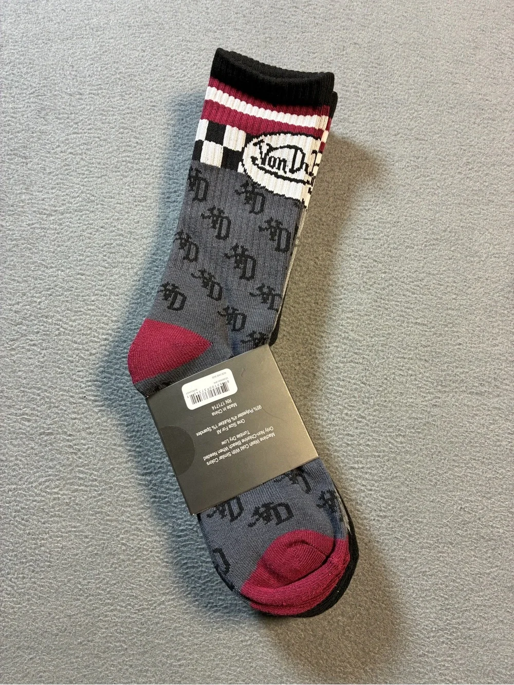Von Dutch Black Crew Socks with Burgundy & White Stripes